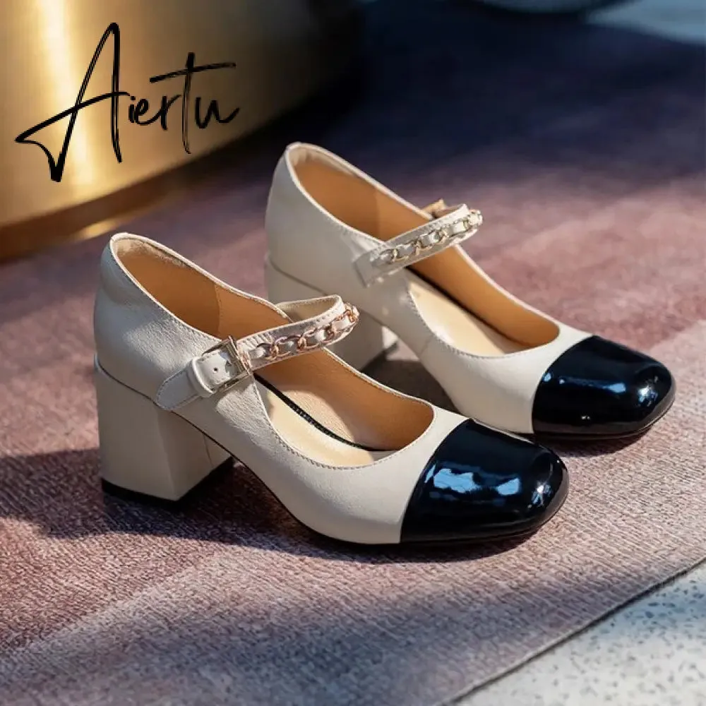 Aiertu Mixed Colors High Heels Pumps For Women Metal Buckle Genuine Leather Women'S Shoes Working Party Shoes For Women