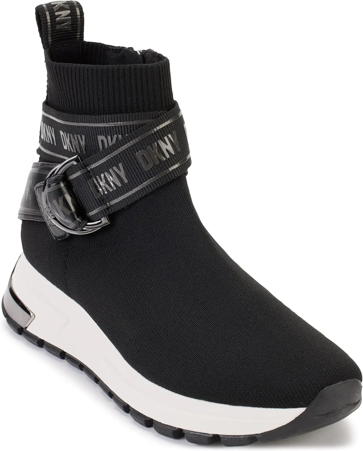 DKNY Women's High-top Sneakers  Slip-on Shoes with Hidden Wedges, Black/White, 9