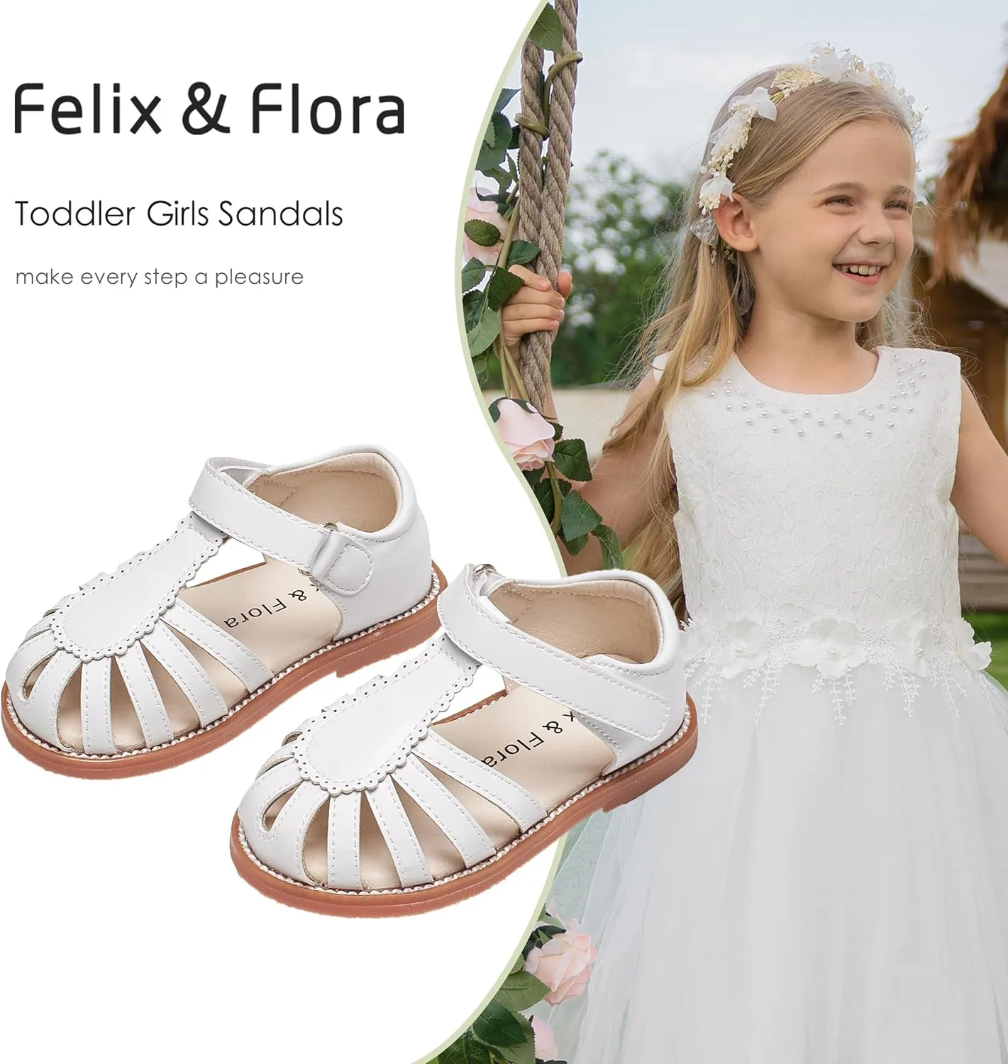 Felix & Flora Toddler Girls Sandals Flower Girl Shoes Soft Rubber Princess Summer Flat Shoes