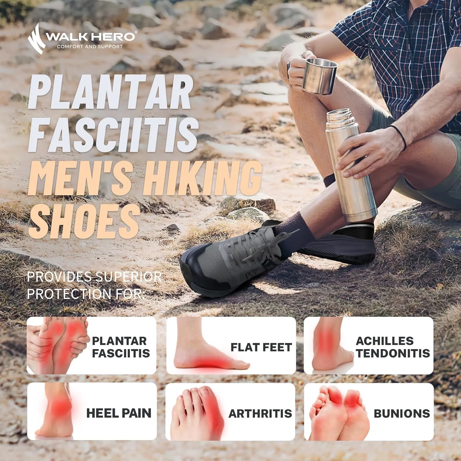 Mens Hiking Shoes for Plantar Fasciitis, Lightweight Waterproof Shoe with Non Slip Rubber Sole, Orthopedic Walking Shoes Sneakers with Arch Support for Foot & Heel Pain Relief