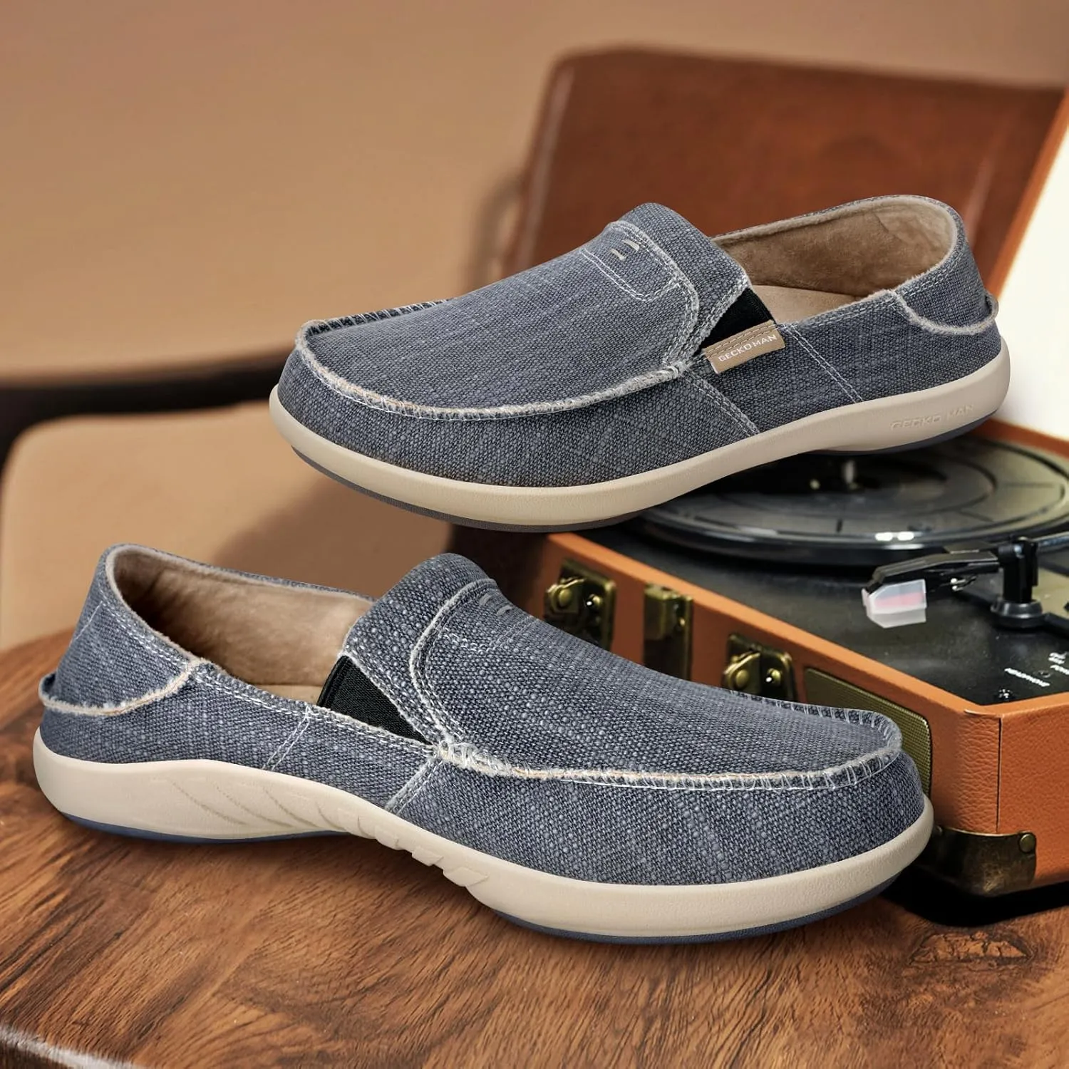 Mens Slip On Shoes, Mens Boat Shoes with Arch Support, Orthopedic Canvas Loafers for Plantar Fasciitis, Indoor & Outdoor Walking Slippers Shoes for Pain Relief
