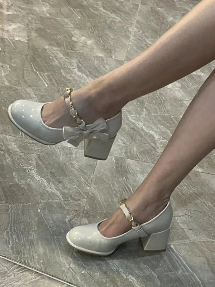 Mqtime Mary Janes Round Toe Heels Woman Casual Korean Fashion Pure Color Shoes Beach Elegant Sandals Woman Summer Bow Desgin