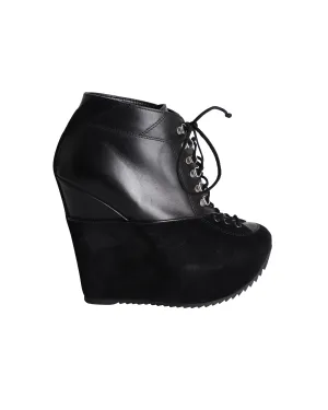 Saint Laurent Lace-Up Platform Wedge Heels in Black Leather and Suede