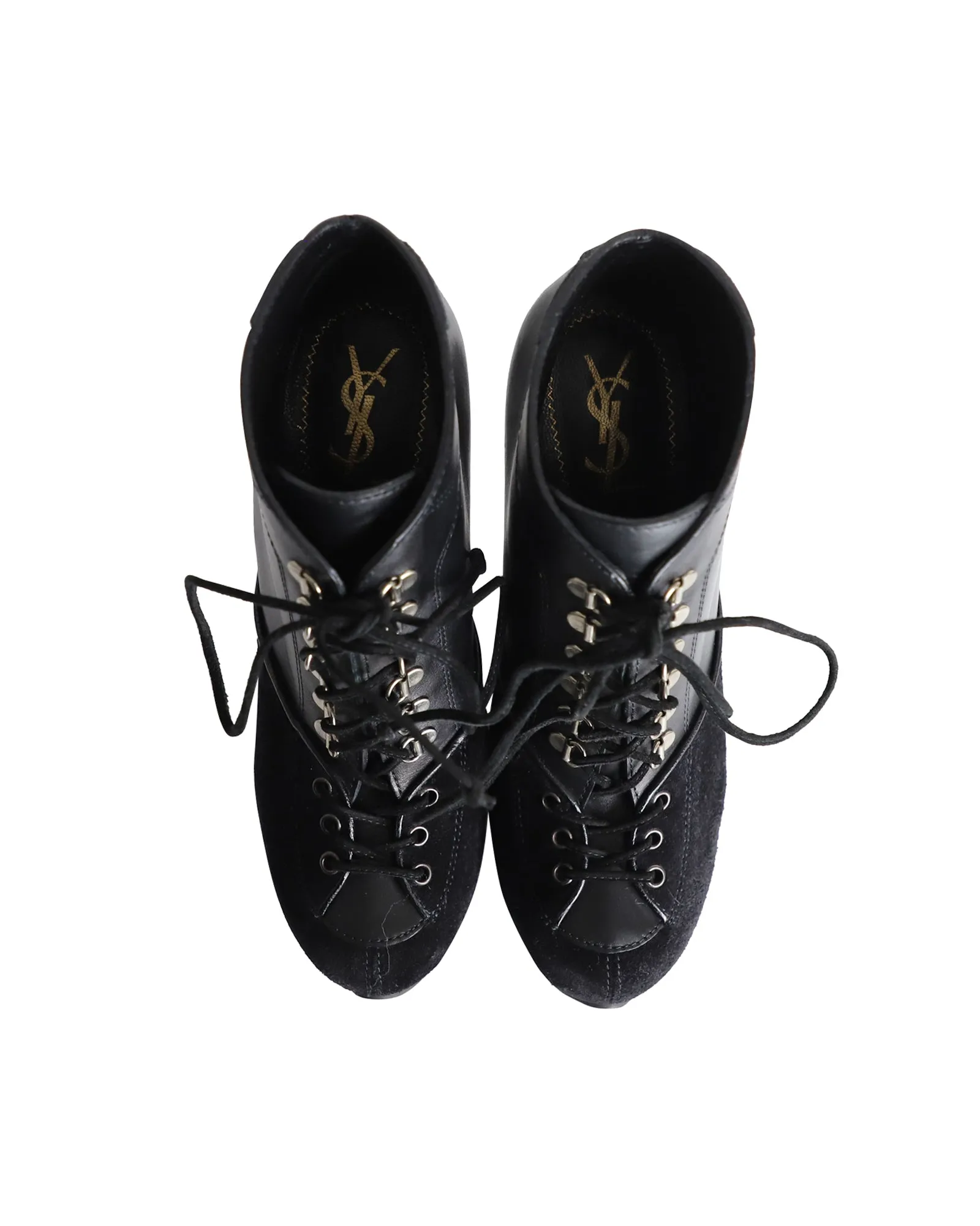 Saint Laurent Lace-Up Platform Wedge Heels in Black Leather and Suede