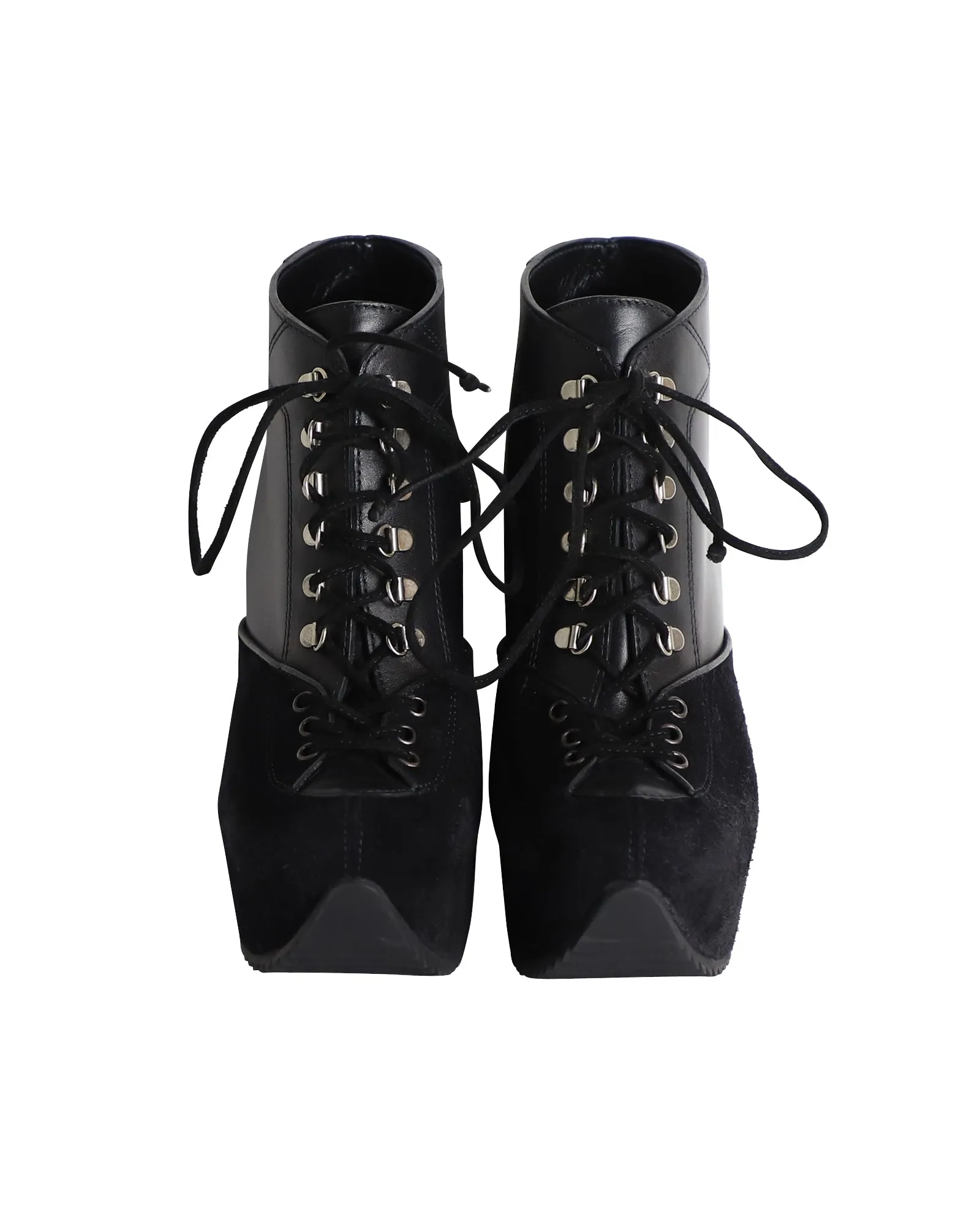 Saint Laurent Lace-Up Platform Wedge Heels in Black Leather and Suede