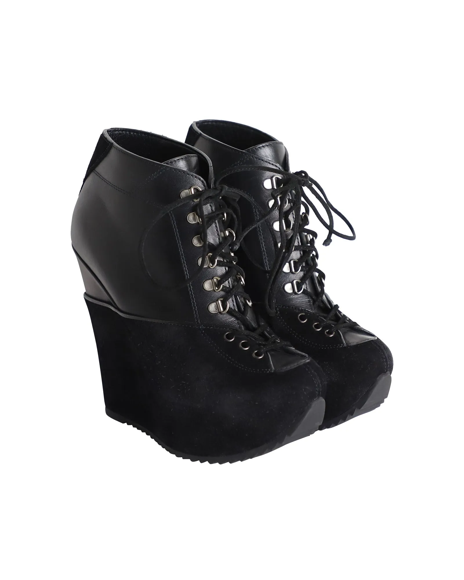 Saint Laurent Lace-Up Platform Wedge Heels in Black Leather and Suede
