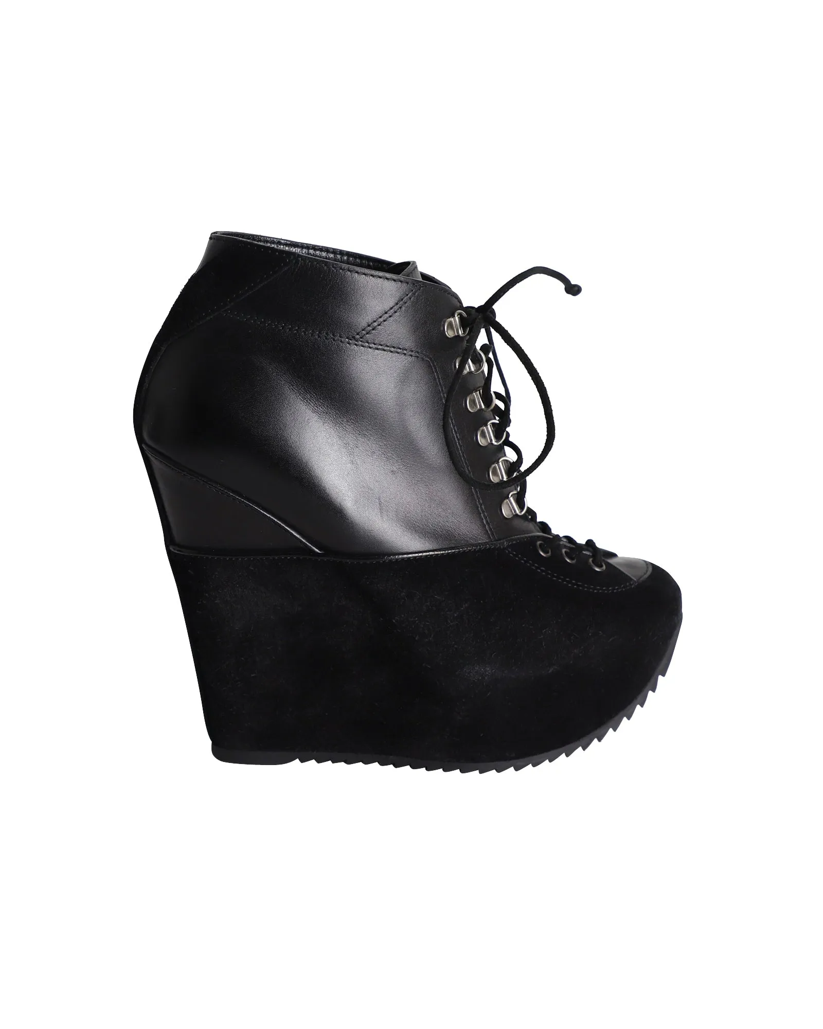 Saint Laurent Lace-Up Platform Wedge Heels in Black Leather and Suede