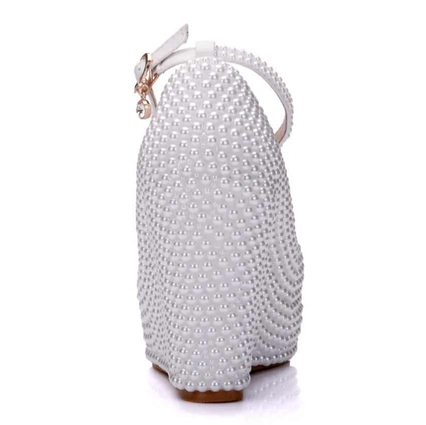 White & Ivory Pearl Rhinestone Platform Wedges